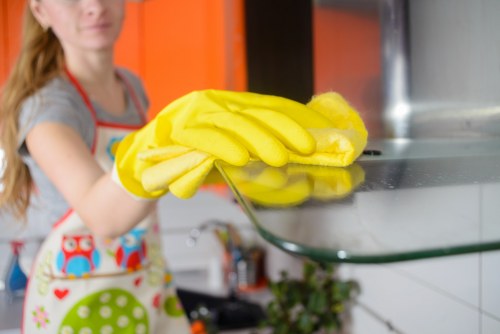 Daily office cleaning routine with sanitized high-touch surfaces